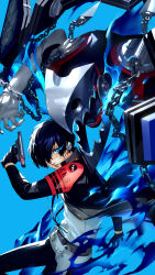  1boy absurdres armband black_gloves black_jacket blue_background bow chain coffin digital_walkman earphones evoker feet_out_of_frame finger_on_trigger fire flaming_eye gloves gun hand_up highres holding holding_gun holding_weapon holster jacket logo long_sleeves mp3_player official_art open_clothes open_jacket persona persona_(summon) persona_3 persona_3_reload red_armband red_bow red_eyes s.e.e.s second-party_source shimada_azusa shirt short_hair simple_background thanatos_(persona) walkman_nw-s203f weapon white_shirt yuuki_makoto_(persona_3) 