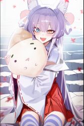  ._. 1girl :d absurdres animal_ear_fluff animal_ears blue_eyes blue_shirt creature double-parted_bangs fang fox_ears fox_girl hair_ornament hair_rings hakama hakama_skirt happy hashtag-only_commentary heterochromia highres holding holding_creature inari_(tenko_shibuki) japanese_clothes kosode long_hair looking_at_viewer multicolored_hair nontraditional_miko open_mouth orange_eyes orn pom_pom_(clothes) pom_pom_hair_ornament purple_hair red_skirt shirt sitting skin_fang skirt smile stellive straight_hair streaked_hair striped_clothes striped_thighhighs tenko_shibuki thigh-highs very_long_hair virtual_youtuber 