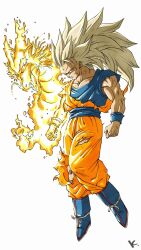  1boy alternate_eye_color aura battle_damage blonde_hair blue_boots blue_sash blue_shirt boots commentary_request dougi dragon dragon_ball dragon_ball_z dragon_fist_(dragon_ball) full_body hashtag-only_commentary highres kakeru_(dbskakeru) long_hair looking_at_viewer male_focus muscular muscular_male orange_pants orange_shirt pants red_eyes sash shirt simple_background solo son_goku spiky_hair super_saiyan super_saiyan_3 toriyama_akira_(style) torn_clothes torn_pants torn_shirt white_background wristband 