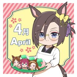  4girls :d air_groove_(umamusume) animal_ears apron bespectacled black_kimono blue_eyes blush brown_hair capriccyo chibi closed_mouth commentary_request diagonal-striped_background flower-shaped_pupils food food_request forehead glasses highres horse_ears horse_girl horse_tail in_food japanese_clothes kappougi kimono long_hair mini_person minigirl multiple_girls parted_bangs ponytail purple_hair round_eyewear sakura_bakushin_o_(blossom_in_learning)_(umamusume) sakura_bakushin_o_(umamusume) sakura_chiyono_o_(umamusume) sakura_laurel_(umamusume) short_hair smile striped_background symbol-shaped_pupils tail twitter_username umamusume violet_eyes white_apron 