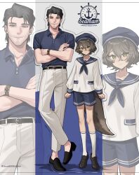  1boy 1girl absurdres avery_(degrees_of_lewdity) avery_(male)_(degrees_of_lewdity) belt black_belt black_hair black_shoes blue_hat blue_shirt blue_shorts brown_hair brown_tail collared_shirt crossed_arms dano80085dano degrees_of_lewdity english_text fox_tail green_eyes hat highres looking_at_viewer multiple_views pants player_character_(degrees_of_lewdity) player_character_(female)_(degrees_of_lewdity) shirt shoes short_hair shorts socks tail white_pants white_shirt white_socks 