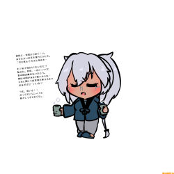  1girl alternate_costume chibi chibi_only closed_eyes commentary_request cup dark-skinned_female dark_skin glasses grey_pants highres japanese_clothes jinbei_(clothes) kantai_collection musashi_(kancolle) pants radical_bullet simple_background slipperrs solo translation_request twintails white_background yunomi 