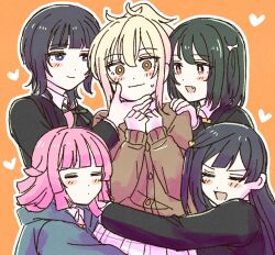  5girls :d =_= ahoge asaka_karin black_hair black_jacket blonde_hair blue_jacket blush brown_cardigan brown_eyes cardigan closed_eyes closed_mouth commentary_request dot_mouth fang green_hair green_ribbon hair_ornament hand_on_another's_chin hand_on_another's_shoulder harem hood hooded_jacket hug hug_from_side jacket kishimen_hair long_sleeves love_live! love_live!_nijigasaki_high_school_idol_club love_live!_nijigasaki_high_school_idol_club_the_movie_-_finale medium_hair mifune_shioriko miyashita_ai multiple_girls neck_ribbon one_side_up open_clothes open_jacket open_mouth orange_background pink_hair ponytail ribbon sidelocks smile solllolll surrounded tennoji_rina triangle_hair_ornament winter_uniform yellow_ribbon yuki_setsuna yuri 