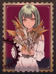  1girl bang_dream! bang_dream!_it's_mygo!!!!! black_border border bouquet closed_mouth clothing_cutout commentary double-parted_bangs expressionless flower_request gears gold_border green_hair highres holding holding_bouquet inset_border long_hair long_sleeves looking_at_viewer ornate_border outside_border postage_stamp postage_stamp_(medium) red_background revision shirt shoulder_cutout sidelocks solo straight_hair unconventional_media upper_body wakaba_mutsumi white_shirt yellow_eyes yukitake_(bullfalk) 