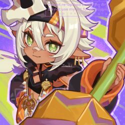  1girl 39_iduki animal_skull bandaid bandaid_on_face bandaid_on_nose blush commentary_request dark-skinned_female dark_skin detached_sleeves dumbbell genshin_impact green_eyes hair_between_eyes hand_on_own_hip headband highres holding holding_dumbbell iansan_(genshin_impact) looking_at_viewer outline pointy_ears signature simple_background skull_on_head solo white_hair 