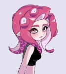  1girl black_shirt breasts crop_top from_side grey_background highres long_hair looking_at_viewer lya_(ctrc5838) octoling octoling_girl pointy_ears red_eyes redhead shirt simple_background sleeveless sleeveless_shirt solo splatoon_(series) suction_cups tentacle_hair upper_body 