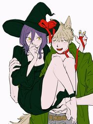  1boy 1girl black_dress blonde_hair carrying chainsaw_man denji_(chainsaw_man) dress fangs halloween_costume hat highres leash pecopecosupipi purple_hair reze_(chainsaw_man) witch_hat yellow_eyes 