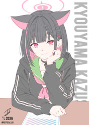  1girl absurdres animal_ears bilingual_commentary black_choker black_hair black_hoodie blue_archive blunt_bangs blunt_ends bob_cut cat_ears cat_girl character_name choker clenched_hands closed_mouth colored_inner_animal_ears colored_inner_hair commentary dated english_commentary envelope extra_ears gacha_(game_mechanic) green_sailor_collar hair_behind_ear hair_intakes hair_ornament hairclip halo hand_up highres hood hood_down hoodie kazusa_(blue_archive) looking_at_viewer mixed-language_commentary multicolored_hair neckerchief pink_hair pink_halo pink_neckerchief realen red_eyes sailor_collar school_uniform serafuku signature simple_background sleeves_past_wrists smile solo split_mouth two-tone_hair upper_body white_background 
