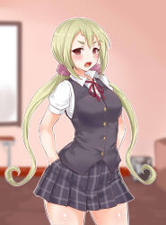  1girl black_skirt black_vest blonde_hair blurry blurry_background brown_eyes cinderella_series commentary_request hachigatsu_no_cinderella_nine hair_ornament hair_scrunchie hands_in_pockets hifumi_yuri highres indoors long_hair looking_at_viewer low_twintails open_mouth pink_scrunchie plaid_clothes plaid_skirt school_uniform scrunchie seikonsuco2 shirt short_sleeves skirt solo teeth thick_eyebrows twintails upper_teeth_only vest white_shirt 