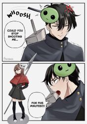  1boy 1girl ahoge and0ando anger_vein belt black_belt black_capelet black_dress black_hair black_shoes black_thighhighs brown_hair capelet commentary cosplay dress english_commentary evil_neuro-sama green_mask highres holding_harpoon hollow_knight hornet_(hollow_knight) hornet_(hollow_knight)_(cosplay) knight_(hollow_knight) knight_(hollow_knight)_(cosplay) long_hair nail_(hollow_knight) neuro-sama open_mouth personification pout red_capelet red_eyes shoes short_hair sneakers speech_bubble standing thigh-highs vedal_ai virtual_youtuber 