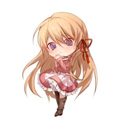  1girl blonde_hair blue_eyes boots brown_boots chaos;child chibi chibi_only closed_mouth collared_dress dress frilled_dress frills full_body hair_ribbon hands_up hashtag-only_commentary holding holding_jewelry holding_necklace jewelry knee_boots kurusu_nono long_hair looking_at_viewer necklace own_hands_together pink_dress red_ribbon ribbon science_adventure simple_background solo srkskuonn standing two-tone_dress very_long_hair white_background white_dress 