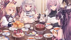  5girls blonde_hair blue_eyes blush breasts brown_hair cake chloe_(rubi-sama) cup cupcake dress eating elena_(rubi-sama) food game_cg grey_hair hair_ribbon hairband holding holding_cup large_breasts lolita_fashion lolita_hairband macaron maid multiple_girls open_mouth pastry pink_eyes pink_hair red_eyes ribbon rubi-sama saki_(rubi-sama) seira_(rubi-sama) smile tea tea_party teacup teapot yume_utsutsu_quintet 
