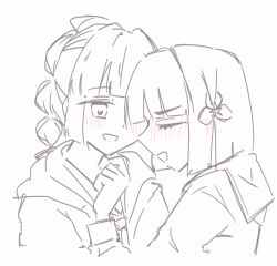  2girls :d anyoji_hime blunt_bangs blunt_ends blush bob_cut closed_eyes commentary greyscale hasu_no_sora_school_uniform highres hood hooded_jacket jacket link!_like!_love_live! long_sleeves love_live! mihasu_ll momose_ginko monochrome multiple_girls neckerchief open_clothes open_jacket open_mouth sailor_collar school_uniform short_hair simple_background smile virtual_youtuber white_background winter_uniform yuri 
