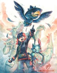  1boy artist_name bird black_gloves black_jacket bright_pupils claws closed_mouth commentary curlypie english_commentary feathers feraligatr flying gloves grey_pants grin highres holding holding_poke_ball jacket long_sleeves male_focus medium_hair murkrow open_mouth outstretched_arm pants pointing poke_ball poke_ball_(basic) pokemon pokemon_(creature) pokemon_gsc pokemon_team red_eyes red_hair sharp_teeth signature silver_(pokemon) smile sneasel teeth upper_teeth_only web_address white_pupils 