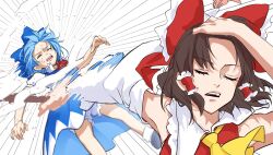  2girls ascot bloomers blue_bow blue_dress blue_hair bow brown_hair cirno closed_eyes commentary_request detached_sleeves dress facing_viewer frilled_bow frilled_hair_tubes frills gohei hair_bow hair_tubes hakurei_reimu hand_on_own_head highres holding holding_gohei jujutsu_kaisen long_hair meme multiple_girls naoya_hitting_choso_without_looking_(meme) open_mouth parody pinafore_dress red_bow sleeveless sleeveless_dress touhou tsubakiharuki white_bloomers yellow_ascot 