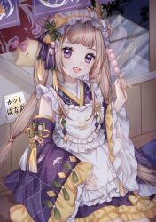  1girl animal apron baby_animal bare_shoulders bird blunt_bangs bow brown_hair chick chinese_commentary commentary_request cowboy_shot cup_(13636466299) dango detached_sleeves dot_nose dress eyelashes flower_knot food food_stand frilled_apron frilled_dress frilled_hairband frills gifty_(nikki) hair_bow hair_ornament hairband happy highres holding holding_food japanese_clothes kimono kimono_dress light_blush lipstick long_hair long_sleeves looking_at_viewer maid makeup miracle_nikki multi-tied_hair night nikki_(series) open_mouth purple_bow purple_kimono purple_sleeves red_lips ribbon short_dress sign sitting sleeve_ribbon sleeveless sleeveless_kimono smile solo striped_bow tareme tassel tassel_hair_ornament teeth twintails upper_teeth_only very_long_hair violet_eyes wa_maid wagashi white_apron wide_sleeves yatai_waitress_(miracle_nikki) yellow_bow yellow_hairband yellow_ribbon 