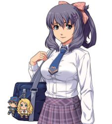  1girl akatsuki_no_kiseki arm_at_side bag bag_charm blue_bag blue_necktie bow breasts character_charm character_request charm_(object) closed_mouth collared_shirt commentary_request contemporary cowboy_shot eiyuu_densetsu hair_bow hair_rings highres long_sleeves looking_at_viewer medium_breasts necktie official_art plaid_clothes plaid_skirt pleated_skirt purple_hair purple_skirt red_bow rixia_mao school_bag school_uniform shirt shirt_tucked_in simple_background single_hair_ring skirt smile standing third-party_source violet_eyes white_background white_shirt 