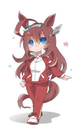  1girl ahoge animal_ears beer_hsk blue_eyes brown_hair closed_mouth full_body grey_hairband hair_between_eyes hairband horse_ears horse_girl horse_tail jacket long_hair looking_at_viewer mihono_bourbon_(umamusume) pants red_jacket red_pants shadow shoes simple_background solo standing star_(symbol) tail track_jacket track_pants track_suit umamusume very_long_hair white_background white_shoes 