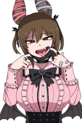  1girl animal_ears bandaid bandaid_on_hand bat_ears bat_girl bat_wings black_bow black_bowtie black_collar bow bowtie breasts brown_eyes brown_hair collar commentary_request ear_ribbon fang galois hair_ornament heart heart-shaped_pupils highres huge_breasts jewelry jirai_kei korean_commentary low_wings mask mask_pull mouth_mask mouth_pull open_mouth original pink_shirt ring shirt simple_background smile solo symbol-shaped_pupils textless_version tongue tongue_out two_side_up upper_body variant_set white_background wing_hair_ornament wings 