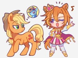  1girl animal animal_ears applejack arm_up blonde_hair brown_hat cape commentary_request cowboy_hat crossover crown cutie_mark deformed eye_contact freckles green_eyes hair_between_eyes hand_on_own_hip hat horse_ears horse_girl horse_tail korean_commentary long_hair long_sleeves looking_at_another low-tied_long_hair mini_crown multicolored_hair my_little_pony my_little_pony:_friendship_is_magic one_eye_closed open_mouth orange_hair orange_tail ouji_fashion pink_cape pink_crown pink_eyes pony_(animal) rainbow_dash rainbow_hair shirt short_hair simple_background sion_ara_uma skirt smile species_connection speech_bubble sunglasses t.m._opera_o_(o_sole_suo!)_(umamusume) t.m._opera_o_(umamusume) tail thick_lineart thought_bubble two-tone_skirt umamusume uneven_eyes violet_eyes voice_actor_connection white_background 