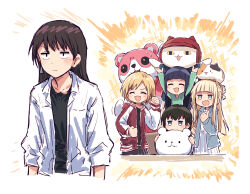  <o>_<o> 5girls :3 animal_on_head bang_dream! bang_dream!_girls_band_party! bang_dream!_it's_mygo!!!!! black_hair black_shirt blonde_hair blue_eyes braid bun_with_braided_base calico_(pattern) calico_cat cat cat_on_head closed_mouth collared_jacket commentary d4dj double_bun fukushima_noa hair_bun highres jacket jitome kagura_hikari long_hair mascot michelle_(bang_dream!) multiple_girls on_head open_clothes open_jacket open_mouth red_jacket sato_masuki shiina_taki shirt short_hair shoujo_kageki_revue_starlight sweatdrop three-quarter_sleeves tsuyuzaki_mahiru v-shaped_eyebrows white_jacket white_shirt yukitake_(bullfalk) 