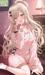  1girl :d absurdres blonde_hair blurry blurry_background blush character_request commentary_request commission copyright_request depth_of_field dress finger_to_mouth full_body hair_intakes hair_ornament halo hand_up highres hood hood_down hooded_sweater index_finger_raised indoors long_hair long_sleeves no_shoes on_floor open_mouth parted_bangs pink_sweater pom_pom_(clothes) shushing sitting skeb_commission smile socks solo sweater sweater_dress virtual_youtuber wariza watermark watermark_grid wavy_hair white_socks x_hair_ornament yam_(yamap_mako) yellow_eyes yellow_halo 