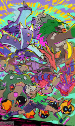  1boy :q artist_name commentary_request dark-skinned_male dark_skin dragalge drumsticks eternatus eternatus_(normal) falinks garbodor glasses gloves highres holding holding_drumsticks holding_poke_ball partially_fingerless_gloves poke_ball poke_ball_(basic) pokemon pokemon_swsh pokemon_team rillaboom sharp_teeth shirt shoes short_hair short_sleeves shorts single_glove smile socks teeth tongue tongue_out toxapex toxtricity toxtricity_(low_key) toyama96 white_hair yellow-framed_eyewear 