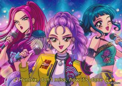  1990s_(style) 3girls ;d artist_name black_hair braid brown_eyes commentary crop_top double_bun earrings english_commentary faux_retro_artstyle hair_bun hanavbara jacket jewelry kpop_demon_hunters lipstick long_hair makeup microphone mira_(kpop_demon_hunters) multiple_girls one_eye_closed pink_hair purple_hair retro_artstyle rumi_(kpop_demon_hunters) single_braid smile subtitled twintails two_side_up zoey_(kpop_demon_hunters) 