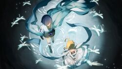  1boy 1girl absurdres ahoge anemo_symbol_(genshin_impact) arm_at_side armor arms_behind_back bare_shoulders black_bodysuit black_bridal_gauntlets black_corset black_gloves black_hair black_shorts blonde_hair blue_cape blue_gem blue_kimono blue_rope blue_scarf blue_sleeves blue_trim blunt_ends bodysuit bridal_gauntlets bug cape clenched_hand corset cross-laced_clothes cross-laced_corset detached_sleeves dragonfly dress faceless faceless_male facing_another flower from_above gem genshin_impact gloves gold hair_flower hair_ornament hakama hakama_shorts hand_on_own_arm highres huge_ahoge japanese_armor japanese_clothes juban kimono kote kurokote layered_sleeves leg_warmers lumine_(genshin_impact) open_clothes open_kimono partially_fingerless_gloves pleated_shorts purple_rope ripples rope scaramouche_(genshin_impact) scarf short_hair short_hair_with_long_locks short_sleeves shorts sidelocks tassel two-sided_scarf walking walking_on_liquid wanderer_(genshin_impact) whisper_(suisuibingtang) white_dress white_flower white_kimono white_leg_warmers white_scarf white_sleeves 