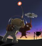  1boy backpack bag black_eyes blue_sky bug colored_skin commentary_request creature fighting_stance flower from_behind full_body gloves helmet holding holding_creature man-at-legs naru_(wish_field) no_mouth olimar patch pikmin_(creature) pikmin_(series) pointy_ears pointy_nose radio_antenna red_bag red_gloves red_light red_pikmin red_skin sky smoke space_helmet spacesuit spider sunlight sunset white_flower 