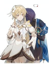  1boy 1girl anemo_symbol_(genshin_impact) animal_print aqua_gem arm_at_side artistic_error bare_shoulders battery_indicator behind_another belt bird_print black_belt black_bodysuit black_shorts black_sleeves blonde_hair blue_cape blunt_ends bodysuit border breasts bridal_gauntlets brown_skirt cape closed_mouth colored_eyelashes detached_sleeves dress earrings eyelashes feathers fingernails flower furisode gem genshin_impact gold gold_ring gold_trim grabbing_another's_arm grabbing_from_behind hair_flower hair_ornament hakama hakama_shorts hand_on_another's_arm hand_on_another's_waist hand_up hashtag-only_commentary head_on_another's_back hetero highres japanese_clothes jewelry kimono layered_sleeves looking_at_another looking_back lumine_(as_heaven_and_earth_are_made_anew)_(genshin_impact) lumine_(genshin_impact) medium_breasts middle_ring nee_madiiiii official_alternate_costume open_clothes open_kimono pleated_shorts purple_hair purple_sash sash scaramouche_(genshin_impact) scarf short_hair short_hair_with_long_locks shorts side_slit sidelocks skirt skirt_under_dress twitter_username wanderer_(genshin_impact) white_background white_border white_bridal_gauntlets white_dress white_kimono white_scarf white_sleeves white_trim yellow_eyes yellow_feathers 