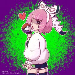  1girl 2020 6chan ass bow bracelet breasts commentary_request dated drill_hair drill_sidelocks dynamax_band eyeshadow flipped_hair fur_jacket hair_bow hairband hand_up heart holding holding_poke_ball jacket jewelry klara_(pokemon) makeup medium_breasts mole mole_under_mouth multicolored_thighhighs one_eye_closed pink_eyeshadow pink_hair pink_lips poke_ball poke_ball_(basic) pokemon pokemon_swsh print_shirt print_shorts ring shirt short_hair shorts side_slit side_slit_shorts sidelocks smile solo two-tone_shirt two-tone_shorts two-tone_thighhighs violet_eyes white_bow white_hairband 