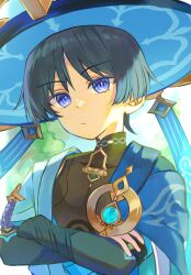  1boy absurdres anemo_symbol_(genshin_impact) armor black_bodysuit black_bridal_gauntlets blue_cape blue_gem blue_hat blue_kimono blue_sky blue_sleeves blunt_ends bodysuit bridal_gauntlets cape closed_mouth colored_eyelashes covered_collarbone crossed_arms expressionless gem genshin_impact gold grey_hair hand_on_own_arm hat highres japanese_armor japanese_clothes jingasa juban kimono kote kurokote layered_sleeves looking_at_viewer male_focus mandarin_collar nanase_sato open_clothes open_kimono outdoors portrait purple_rope rope scaramouche_(genshin_impact) short_sleeves shoulder_peek sky solo tree violet_eyes wanderer_(genshin_impact) white_kimono white_sleeves white_trim wispy_bangs 