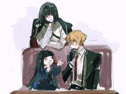  1boy 2girls araya_(project_moon) black_gloves black_jacket black_kimono black_sleeves black_suit blonde_hair blue_hair blue_sash blunt_bangs blunt_ends blush cat's_cradle collared_shirt commentary_request couch covering_own_mouth dress_shirt facing_another flying_sweatdrops gloves hand_on_own_face hand_over_own_mouth hand_up happy jacket jacket_on_shoulders japanese_clothes jingshenhuanghu kimono limbus_company long_hair long_sleeves looking_at_another multicolored_hair multiple_girls necktie open_hands parted_lips project_moon red_eyes red_jacket red_necktie ryoshu_(project_moon) sash shirt short_hair sinclair_(project_moon) sitting smile streaked_hair suit suit_jacket sweatdrop table two-sided_fabric two-sided_jacket undershirt very_long_hair white_background white_shirt white_sleeves wing_collar yellow_eyes 