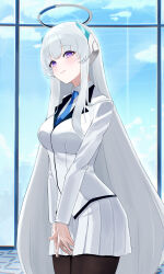  1girl absurdres black_pantyhose blue_archive blue_necktie breasts bwalg_(aftv5725) halo headgear highres large_breasts long_hair looking_at_viewer mechanical_halo necktie noa_(blue_archive) pantyhose shirt skirt very_long_hair violet_eyes white_hair white_halo white_shirt white_skirt window 