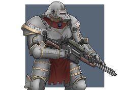  1boy absurdres armor bascinet bolt_action border brotherhood_of_steel fallout grey_background gun highres latin_text loincloth looking_to_the_side plate_armor power_armor power_armor_(fallout) railgun rifle scope sniper_rifle srtdrawart trigger_discipline weapon white_border 