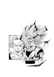  1rasutotoukou 2boys alternate_form dragon_ball dragon_ball_super dragon_ball_super_super_hero electricity father_and_son gohan_beast hashtag-only_commentary highres long_hair monochrome multiple_boys red_eyes simple_background son_gohan son_goku spiky_hair spot_color upper_body veins white_background 
