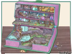  1boy animal bag bat_(animal) cat chigu coin colored_skin commentary_request copyright_name crown crystal fish gold_coin green_skin holding holding_map holding_torch ladder map mushroom neckerchief official_art pandora_party_project purple_neckerchief red_eyes rock skull slime_(creature) stairs standing table torch treasure_chest unworn_crown water 