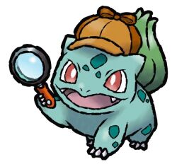  animal_focus bright_pupils brown_hat bud bulbasaur clothed_pokemon commentary commission detective english_commentary fangs full_body hat holding holding_magnifying_glass magnifying_glass no_humans nostrils open_mouth pokemon pokemon_(creature) pokemon_focus poltartgeist red_eyes second-party_source solo transparent_background white_pupils 