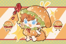  1boy alternate_costume artist_name blue_eyes burger burger_costume chibi commentary diagonal-striped_background food food-themed_weapon french_fries full_body green_background highres holding holding_sword holding_weapon ketchup kitami_yusei looking_at_viewer male_focus nijisanji notice_lines open_mouth orange_background orange_hair polka_dot polka_dot_background shuxingbuming_moxiaobai smile solo sparkle striped_background sword weapon 