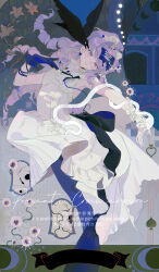  1girl absurdres animal bird black_bird blue_bow blue_gloves blunt_bangs bow commission dress eyelashes flower gloves hai_yexing_ren hair_bow hair_ornament highres long_hair looking_at_viewer makeup mihuashi_commission moon original parted_lips purple_hair ringlets rouge_(makeup) single_glove single_hair_intake single_wrist_cuff snake solo violet_eyes watermark white_bow white_dress wrist_cuffs 