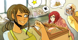  3girls alternate_costume alternate_hair_length alternate_hairstyle alternate_universe annoyed apron arms_up black_hair blanket blue_eyes blue_shirt blunt_bangs blunt_ends bob_cut brown_eyes brown_shorts casual chabashira_tenko clenched_hand clenched_teeth coat commentary counter cowboy_shot danganronpa_(series) danganronpa_v3:_killing_harmony dark-skinned_female dark_skin dirty_dishes drawing_(object) english_commentary eyelashes flower food furrowed_brow green_apron green_eyes grin hair_flower hair_ornament hairclip hand_on_own_cheek hand_on_own_face happy indoors kitchen leaning_forward long_hair long_sleeves looking_at_another medium_hair ministarfruit mole mole_under_mouth motion_lines multiple_girls nervous_sweating nostrils one_eye_closed open_mouth paintbrush pancake pancake_stack parallel_hairclips pen pentagram pink_flower plate pointy_nose red_hair shirt short_hair short_sleeves shorts sidelocks sink smile speech_bubble spoken_food spoken_star spoken_x standing star_(symbol) star_in_eye sweat symbol_in_eye t-shirt tan teeth under_covers upper_body whipped_cream white_hair wide_sleeves yellow_coat yonaga_angie yumeno_himiko 