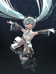  1girl :d absurdres black_boots black_skirt black_sleeves blue_eyes blue_hair blue_necktie blush boots cac_itinose collared_shirt detached_sleeves dress_shirt floating_hair full_body hair_between_eyes hatsune_miku highres long_hair long_sleeves looking_at_viewer necktie outstretched_arms pleated_skirt shirt skirt sleeveless sleeveless_shirt smile solo spread_arms thigh_boots tie_clip twintails very_long_hair vocaloid white_shirt wide_sleeves 