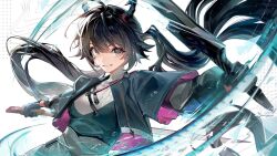  1girl ameriya arknights arknights:_endfield black_hair blue_gloves blue_jacket chen_qianyu_(arknights) commentary dragon_girl dragon_horns dual_wielding eastern_dragon_horns elevation_contour_lines english_commentary floating_hair gloves grey_eyes highres holding holding_sword holding_weapon horns jacket long_hair long_sleeves looking_at_viewer open_clothes open_jacket reverse_grip smile solo sword twintails upper_body very_long_hair weapon 