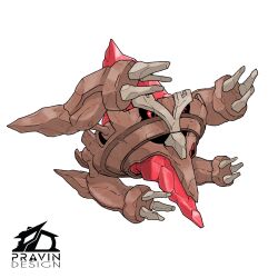  1other absurdres artist_name english_commentary extra_arms fakemon floating gem highres metagross no_humans pokemon pokemon_(creature) pokemon_sv pravin_rao_santheran red_eyes red_gem redesign rock simple_background solo white_background 