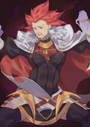  abs astolfo_(fate) astolfo_(fate)_(cosplay) astolfo_(rider)_(fate) astolfo_(rider)_(fate)_(cosplay) black_thighhighs cape comic_lo cosplay cowboy_shot facial_hair fate/grand_order fate_(series) fighting_stance fur-trimmed_cape fur_trim gauntlets goatee gorget hak_foo highres jackie_chan_adventures muscular muscular_male mustache red_cucumber red_hair skirt spiky_hair thigh-highs two-sided_cape two-sided_fabric 