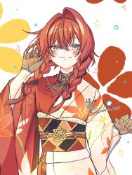  1girl ange_katrina ange_katrina_(new_year) black_hair black_sash blue_eyes blush braid closed_mouth commentary_request crossed_bangs fishnet_gloves fishnets floral_print floral_print_kimono furisode gloves hair_between_eyes hair_intakes hair_over_shoulder hand_in_own_hair hand_up highres japanese_clothes kimono light_smile long_hair long_sleeves looking_at_viewer low_twin_braids multicolored_hair multicolored_sash nijisanji obi obiage obidome obijime pink_sash print_kimono red_hair red_kimono red_sash sakura_anc sash signature solo sparkle straight-on streaked_hair twin_braids twitter_username two-tone_hair upper_body virtual_youtuber white_background white_kimono 