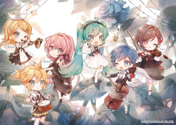 >_o 2boys 4girls :3 ahoge blonde_hair blue_eyes blue_flower blue_hair blue_rose blush bow_(music) bow_hairband brown_hair cello chibi chibi_only clarinet commentary_request copyright_notice crossed_ankles detached_sleeves dress drum elbow_gloves flower frilled_dress frills full_body gloves green_eyes hair_flower hair_ornament hair_ribbon hairband hairclip hatsune_miku holding holding_bow_(music) holding_instrument instrument kagamine_len kagamine_rin kaito kaito_(vocaloid) long_hair long_sleeves looking_back megurine_luka meiko meiko_(vocaloid) miku_symphony_(vocaloid) multiple_boys multiple_girls music necktie niwako one_eye_closed open_mouth outstretched_arm pink_hair playing_instrument ponytail red_eyes ribbon rose short_ponytail short_sleeves shorts skirt smile socks standing standing_on_one_leg suit thigh-highs treble_clef trumpet twintails very_long_hair violin vocaloid water_drop