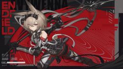  1girl animal_ears arknights arknights:_endfield arrow_(symbol) avywenna_(arknights) belt black_gloves black_skirt blue_eyes brown_hair closed_mouth commentary_request copyright_name dynamic_pose elevation_contour_lines gloves highres holding holding_polearm holding_weapon kuroduki looking_at_viewer pleated_skirt polearm rabbit_ears rabbit_girl rabbit_tail skirt solo tail weapon 