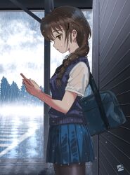  1girl absurdres adapted_costume against_wall bag black_necktie black_pantyhose blue_bag blue_skirt blue_sweater_vest braid breasts brown_eyes brown_hair cellphone clouds cloudy_sky collared_shirt commentary_request from_side girls_und_panzer hair_ornament hairpin highres holding holding_phone kainushi long_braid long_hair looking_at_phone miniskirt necktie pantyhose phone pleated_skirt rain rukuriri_(girls_und_panzer) satchel school_uniform see-through_clothes see-through_sleeves shirt short_sleeves sidewalk single_braid skirt sky smartphone solo st._gloriana's_school_uniform summer_uniform sweater_vest tree water_drop wet wet_clothes wet_hair wet_shirt wet_skirt wet_sweater wet_vest white_shirt 